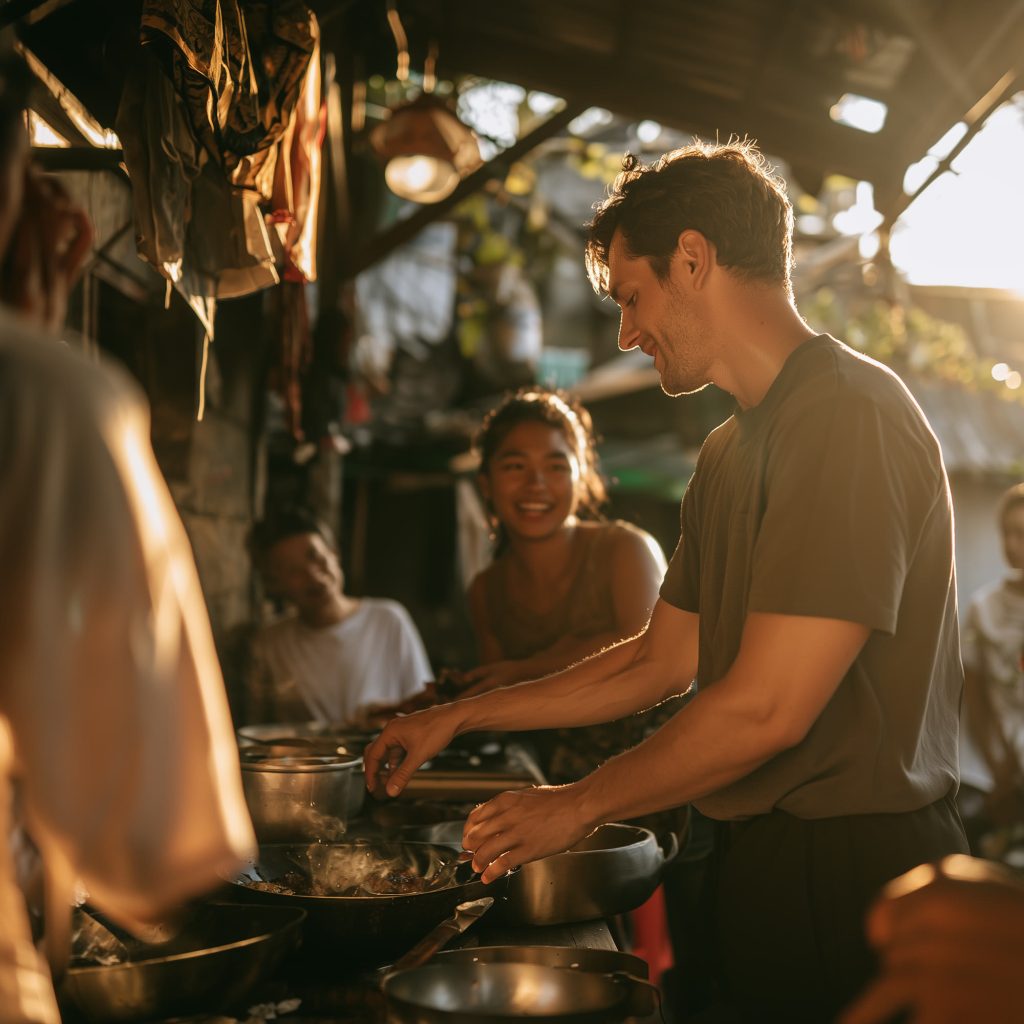 A guest cooking over the stove in a family kitchen