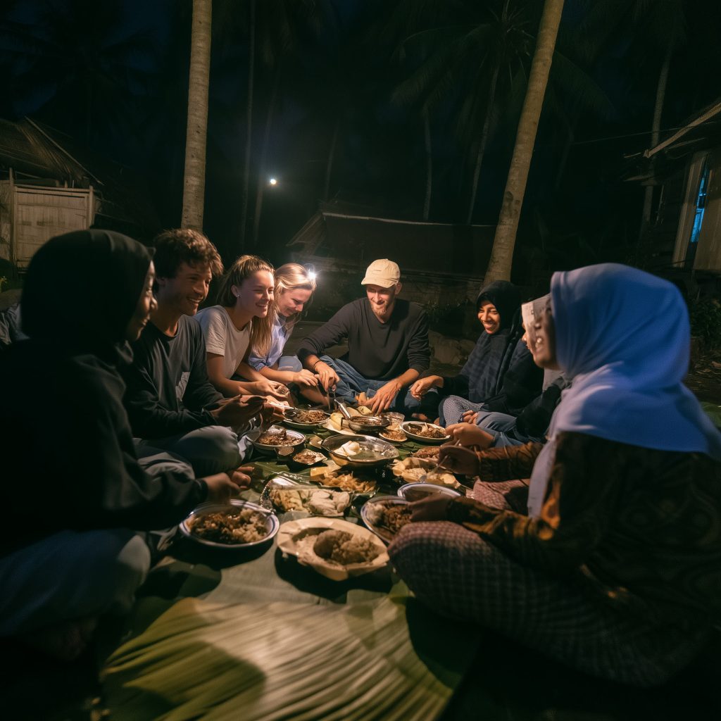 Guests and hosts eating together by lamplight in the evening