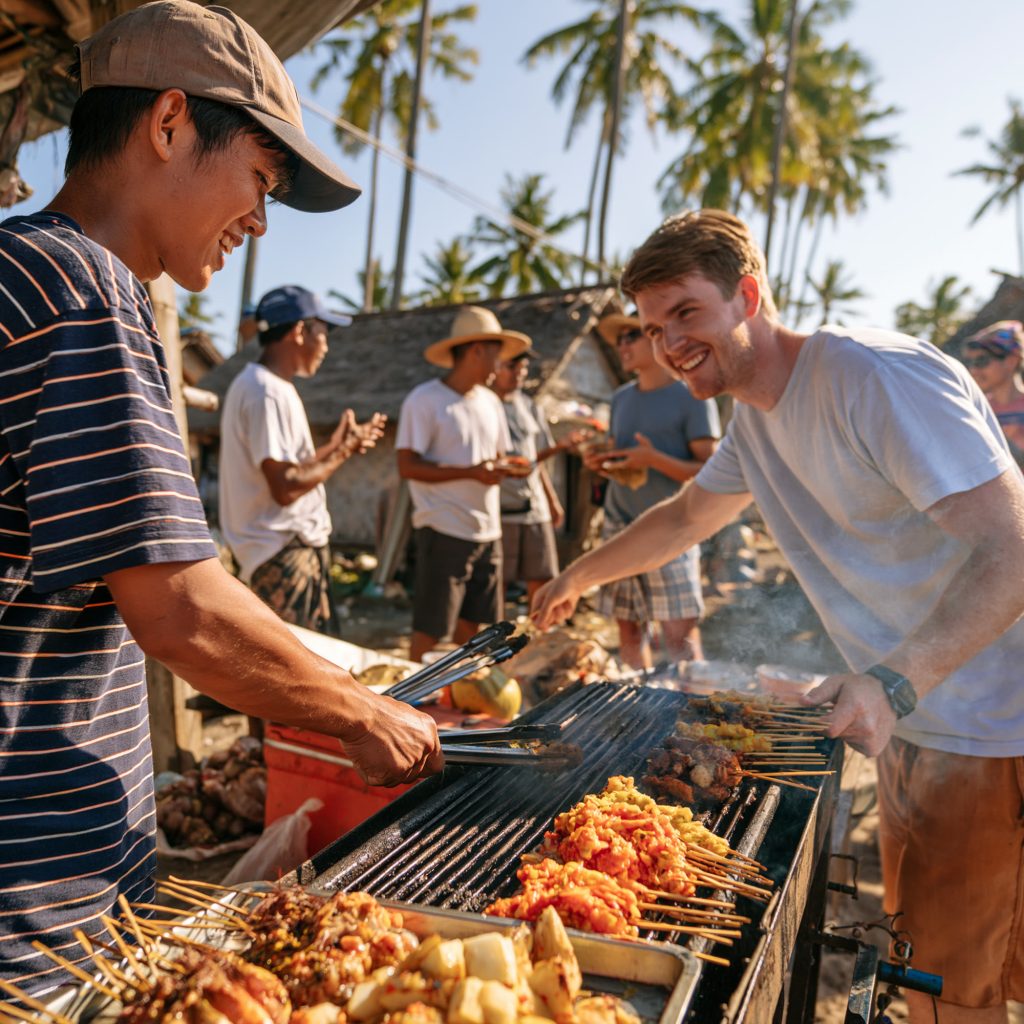 A guest grilling satay over coals with the host family