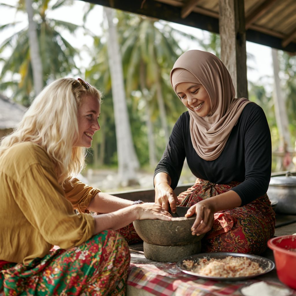 A guest and her host grinding spice paste in a stone mortar