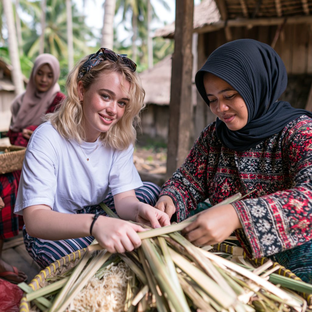 A guest and her host preparing lemongrass and fresh herbs