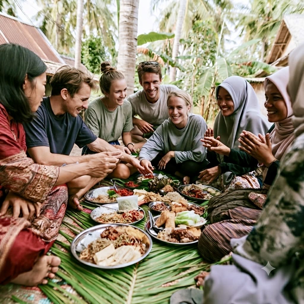 A group sharing a meal laid out on banana leaves on the ground