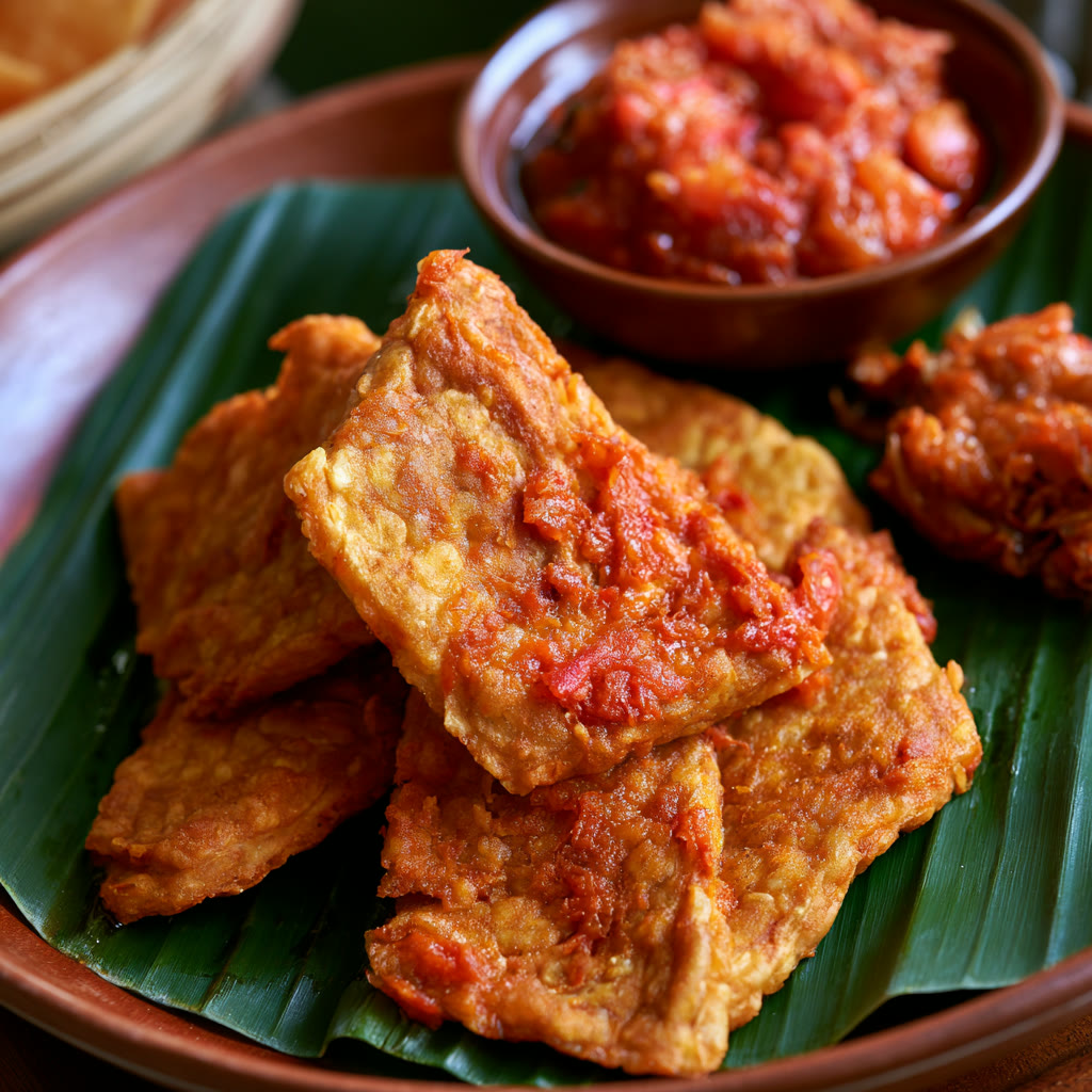Fried tempe with sambal served on a banana leaf