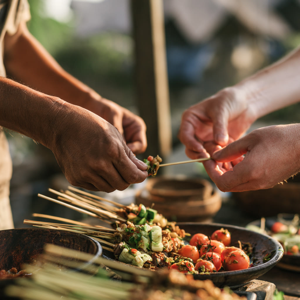 Hands threading satay onto bamboo skewers